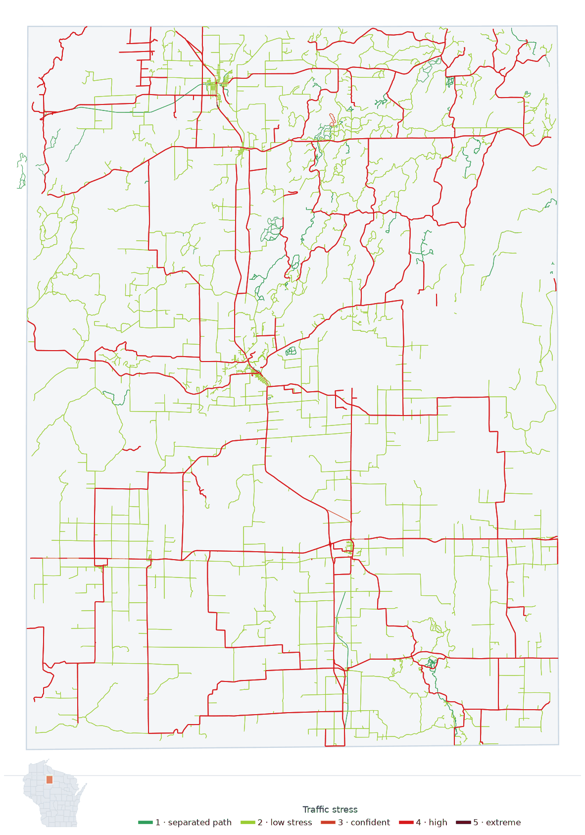 Map of Price County, Wisconsin with every road colored by bicycle traffic stress, and a Wisconsin locator showing where the county is