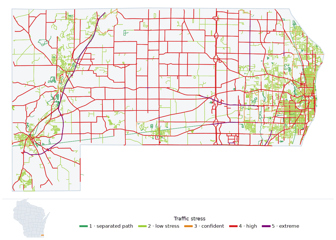 Map of Racine County, Wisconsin with every road colored by bicycle traffic stress, and a Wisconsin locator showing where the county is