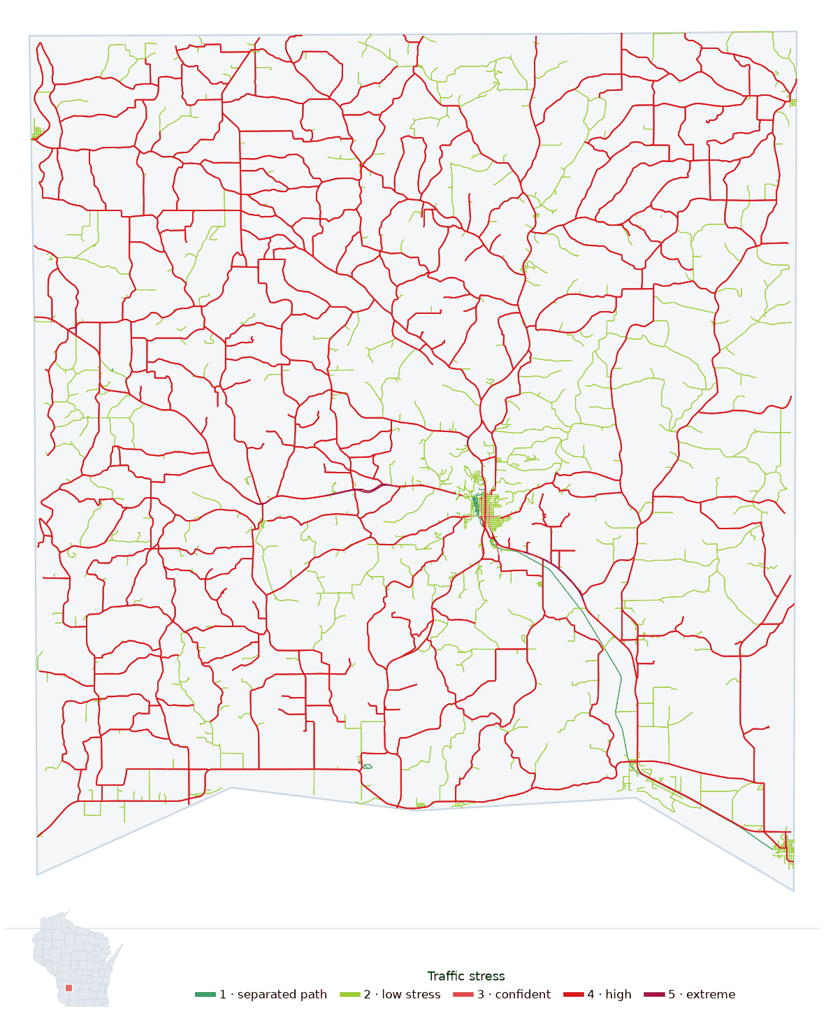 Map of Richland County, Wisconsin with every road colored by bicycle traffic stress, and a Wisconsin locator showing where the county is