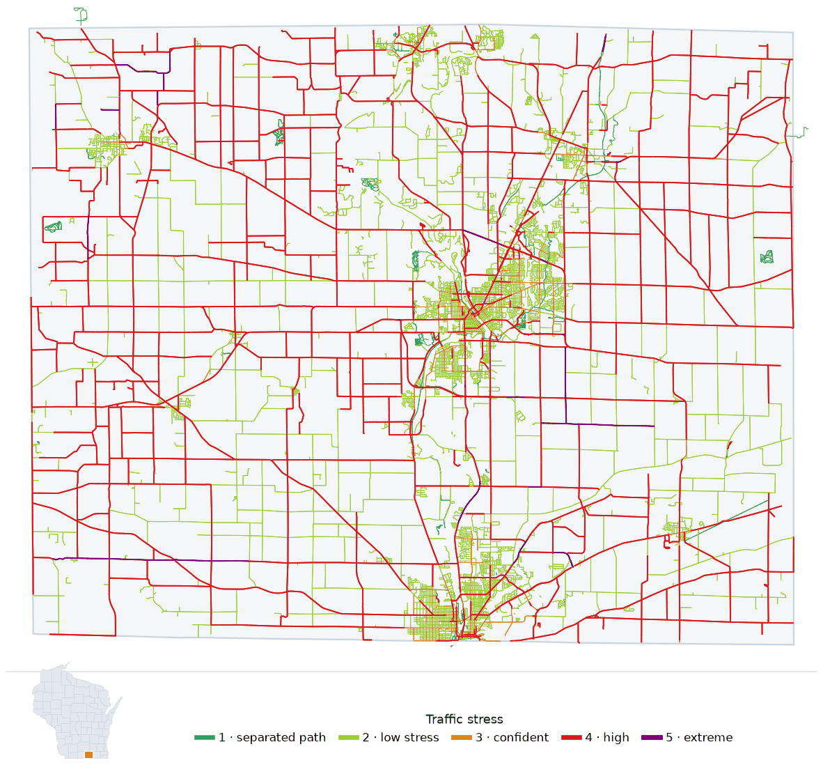 Map of Rock County, Wisconsin with every road colored by bicycle traffic stress, and a Wisconsin locator showing where the county is