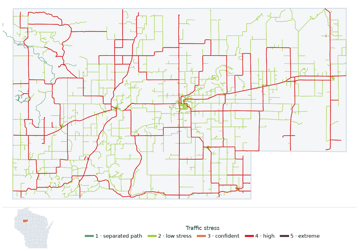 Map of Rusk County, Wisconsin with every road colored by bicycle traffic stress, and a Wisconsin locator showing where the county is