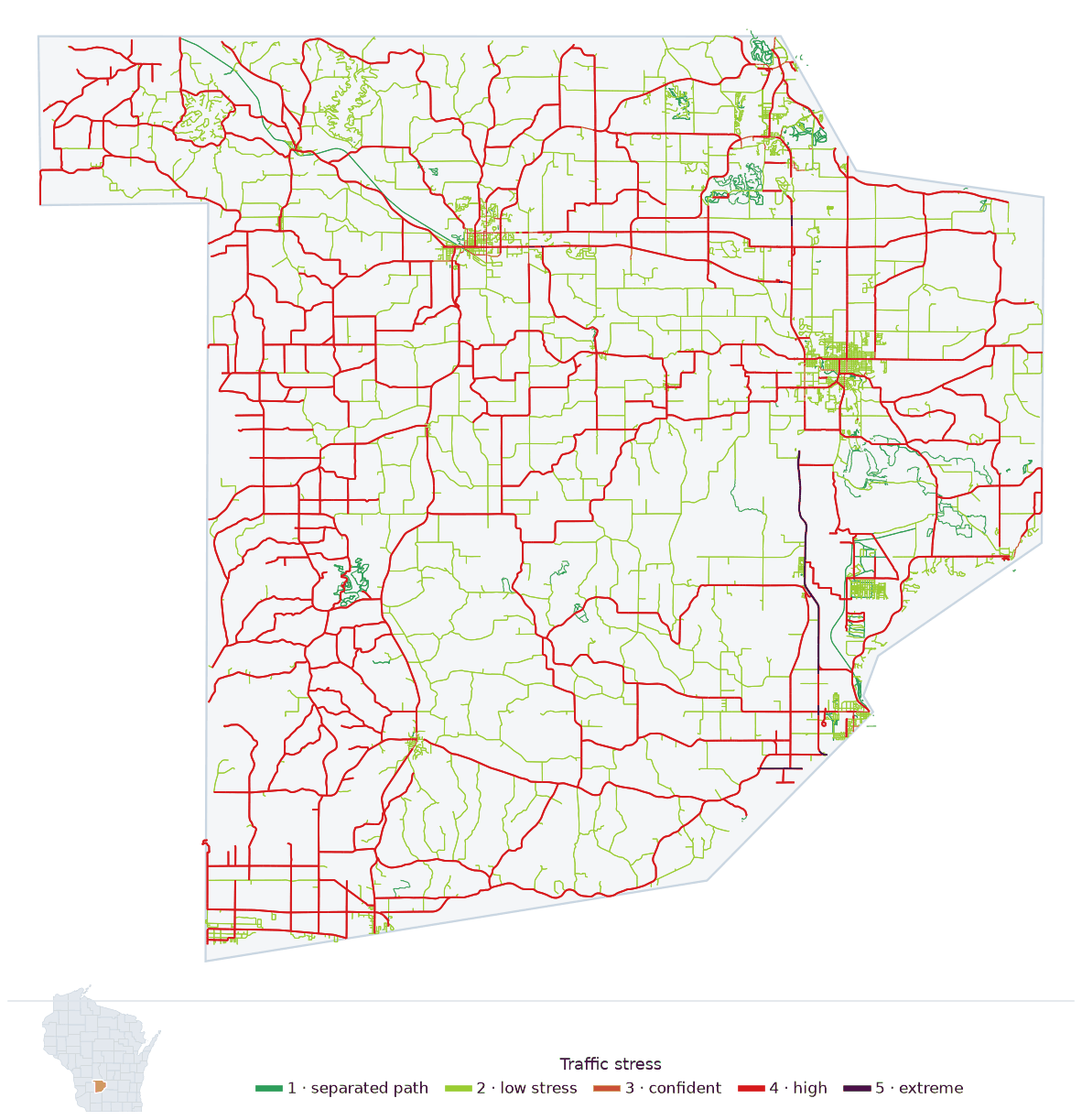 Map of Sauk County, Wisconsin with every road colored by bicycle traffic stress, and a Wisconsin locator showing where the county is