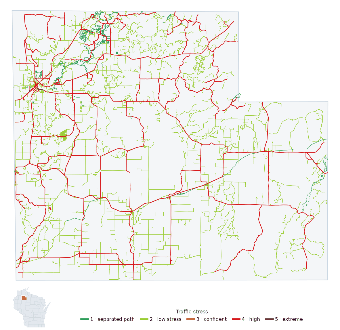 Map of Sawyer County, Wisconsin with every road colored by bicycle traffic stress, and a Wisconsin locator showing where the county is