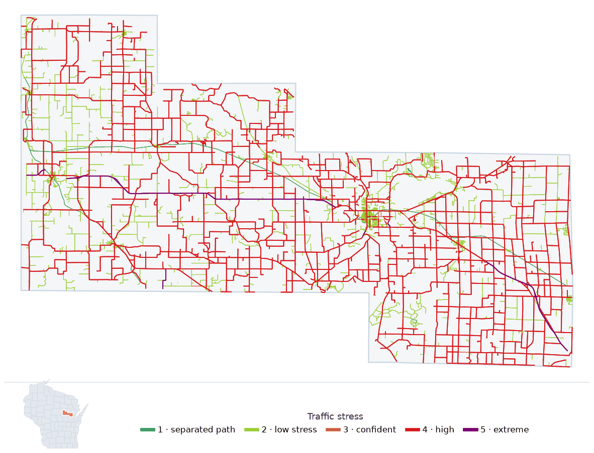 Map of Shawano County, Wisconsin with every road colored by bicycle traffic stress, and a Wisconsin locator showing where the county is