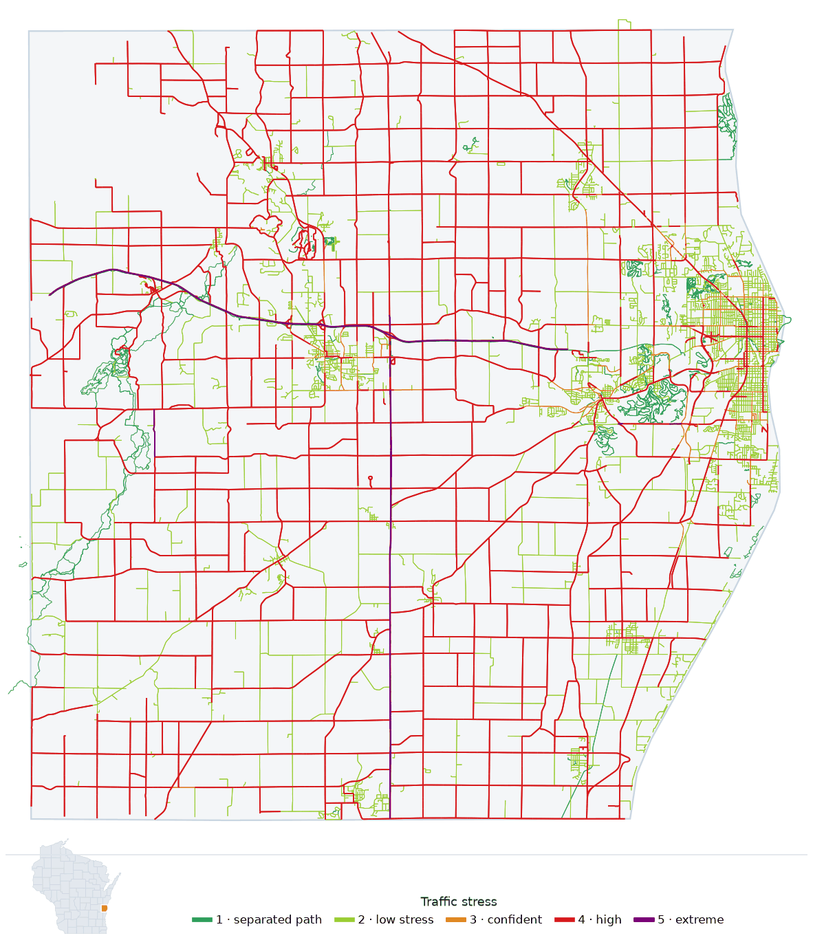 Map of Sheboygan County, Wisconsin with every road colored by bicycle traffic stress, and a Wisconsin locator showing where the county is
