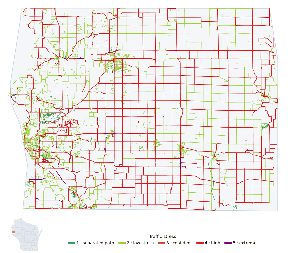 Map of St. Croix County, Wisconsin with every road colored by bicycle traffic stress, and a Wisconsin locator showing where the county is