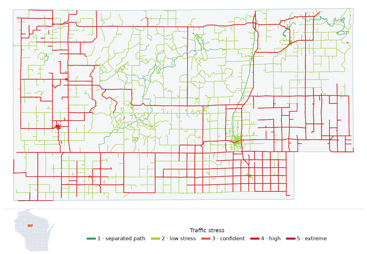 Map of Taylor County, Wisconsin with every road colored by bicycle traffic stress, and a Wisconsin locator showing where the county is