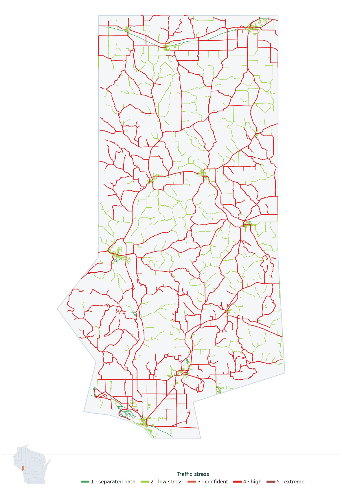 Map of Trempealeau County, Wisconsin with every road colored by bicycle traffic stress, and a Wisconsin locator showing where the county is