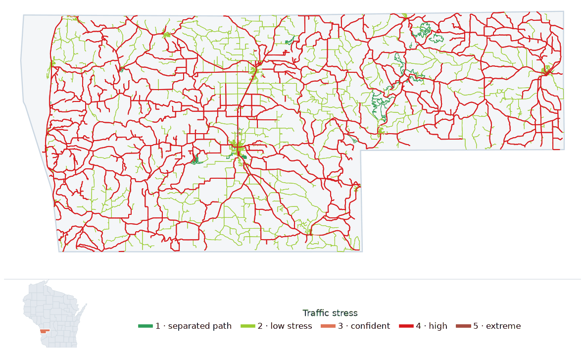 Map of Vernon County, Wisconsin with every road colored by bicycle traffic stress, and a Wisconsin locator showing where the county is
