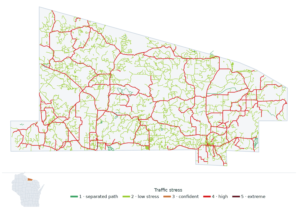 Map of Vilas County, Wisconsin with every road colored by bicycle traffic stress, and a Wisconsin locator showing where the county is