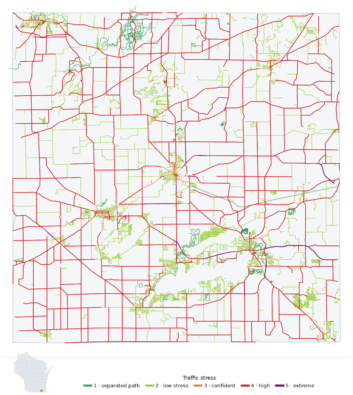 Map of Walworth County, Wisconsin with every road colored by bicycle traffic stress, and a Wisconsin locator showing where the county is