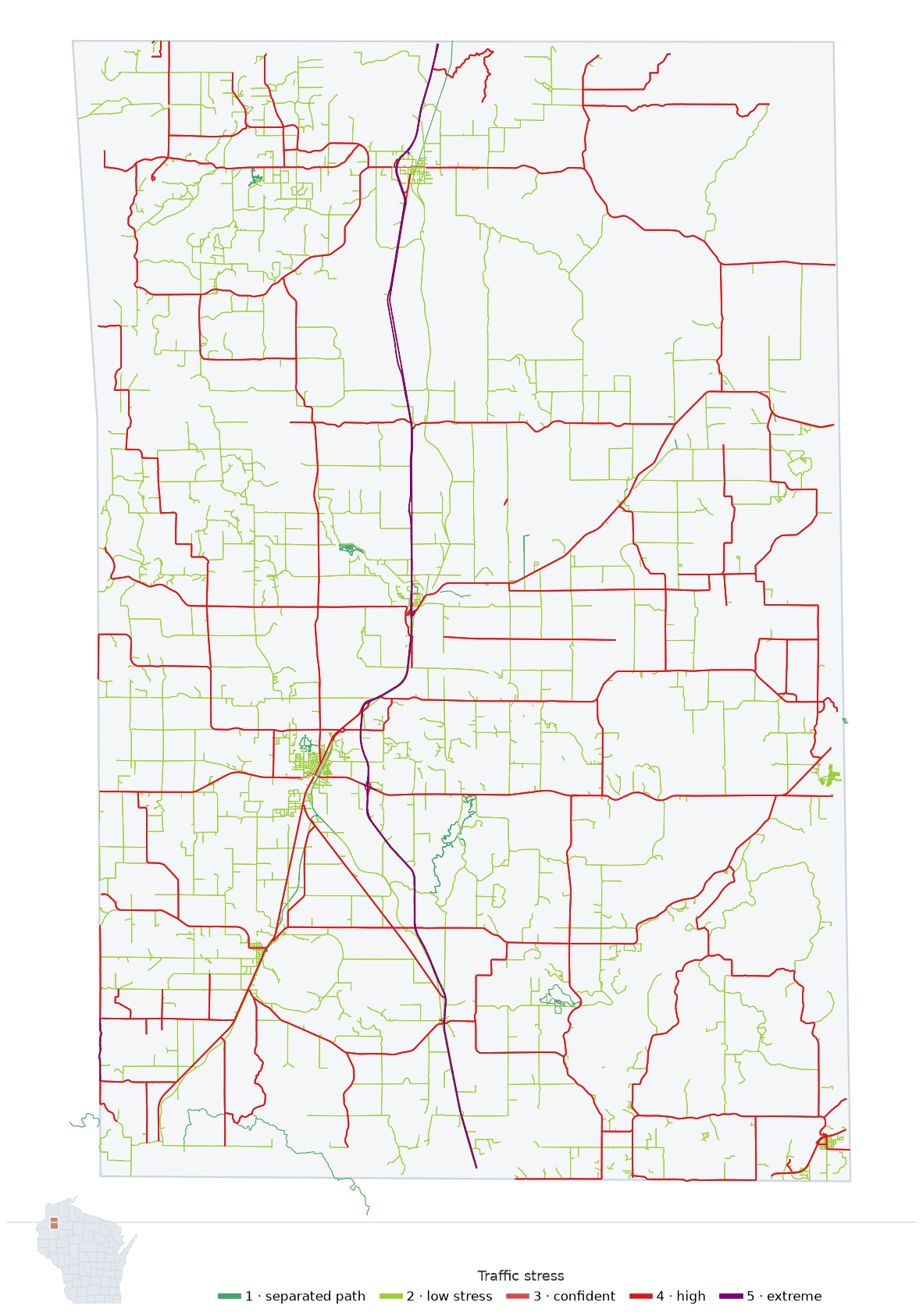 Map of Washburn County, Wisconsin with every road colored by bicycle traffic stress, and a Wisconsin locator showing where the county is