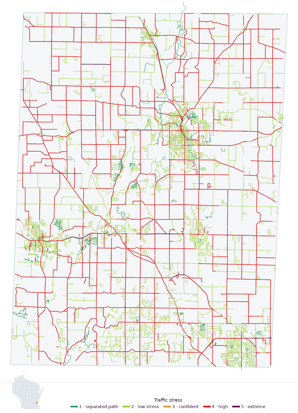 Map of Washington County, Wisconsin with every road colored by bicycle traffic stress, and a Wisconsin locator showing where the county is