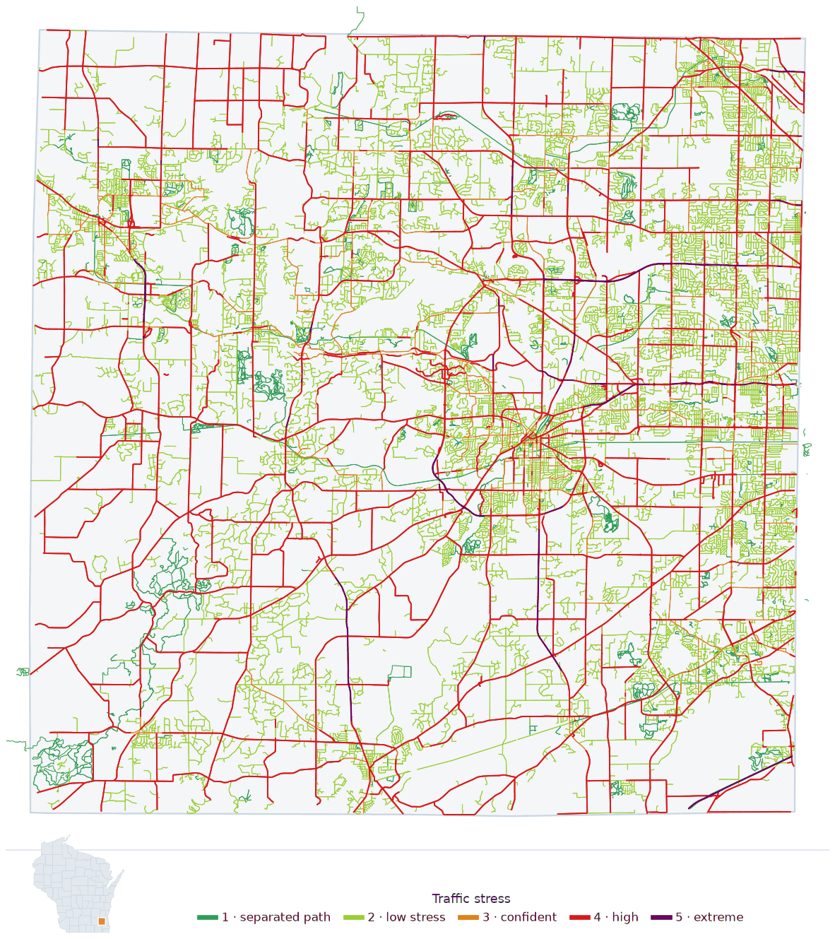 Map of Waukesha County, Wisconsin with every road colored by bicycle traffic stress, and a Wisconsin locator showing where the county is