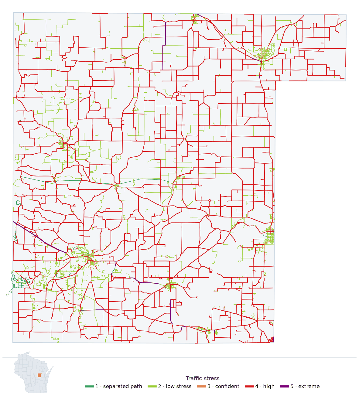 Map of Waupaca County, Wisconsin with every road colored by bicycle traffic stress, and a Wisconsin locator showing where the county is