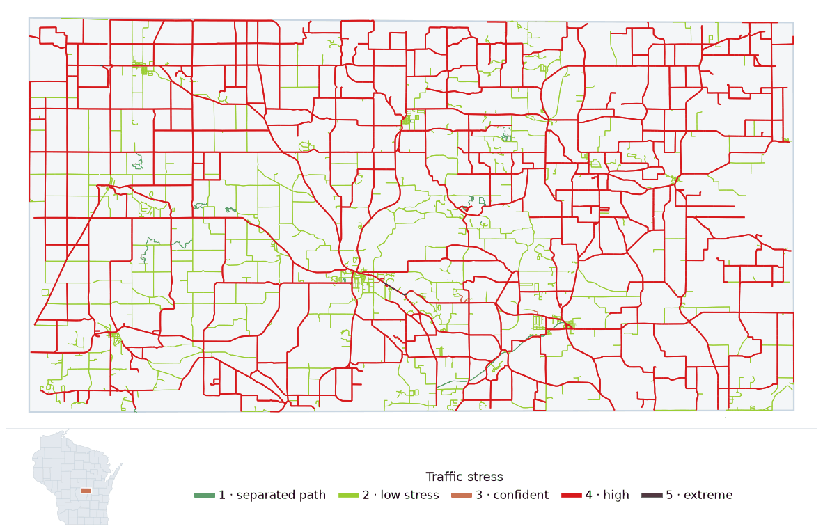 Map of Waushara County, Wisconsin with every road colored by bicycle traffic stress, and a Wisconsin locator showing where the county is