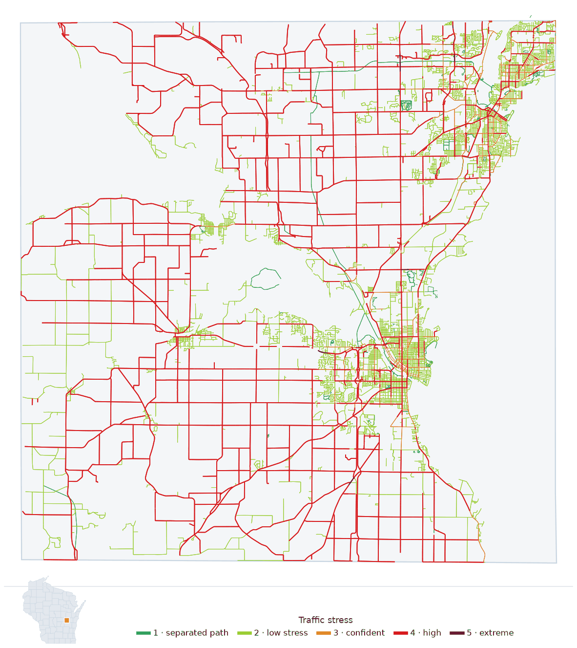Map of Winnebago County, Wisconsin with every road colored by bicycle traffic stress, and a Wisconsin locator showing where the county is