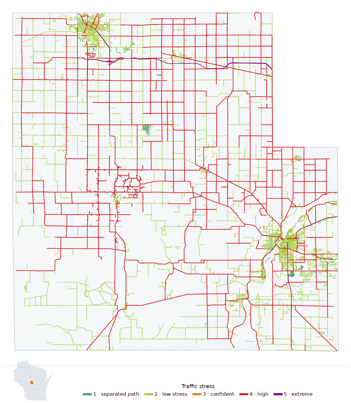 Map of Wood County, Wisconsin with every road colored by bicycle traffic stress, and a Wisconsin locator showing where the county is